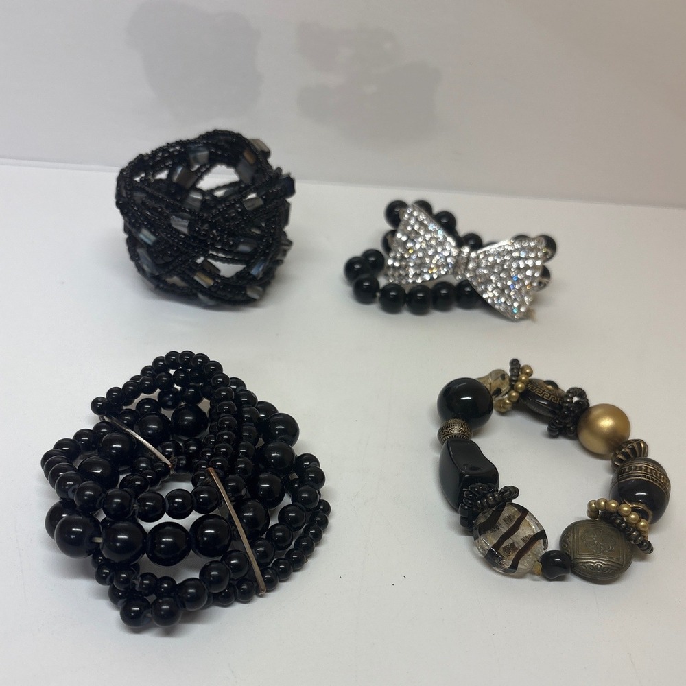 Mixed Black Gold Stretch Bracelet Set 4pc Rhinestone Bow Woven Cuff Greek Key